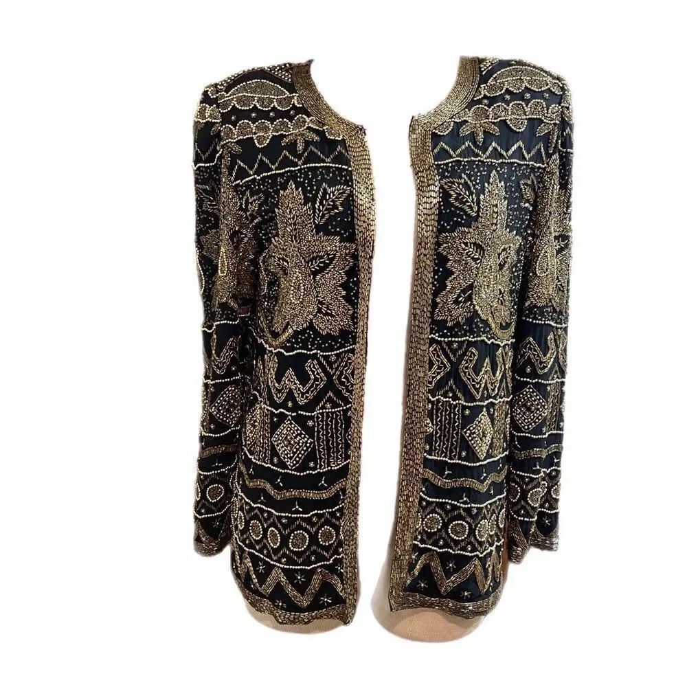 Land Mark Women’s Black Gold Vintage Beaded Sequin Jacket Size Medium